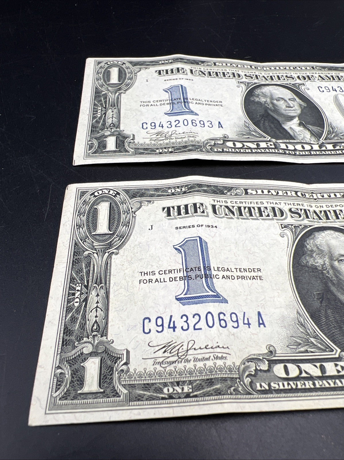 2 Consecutive 1934 $1 One Dollar Silver Certificates Funny Back Notes CH VF #94