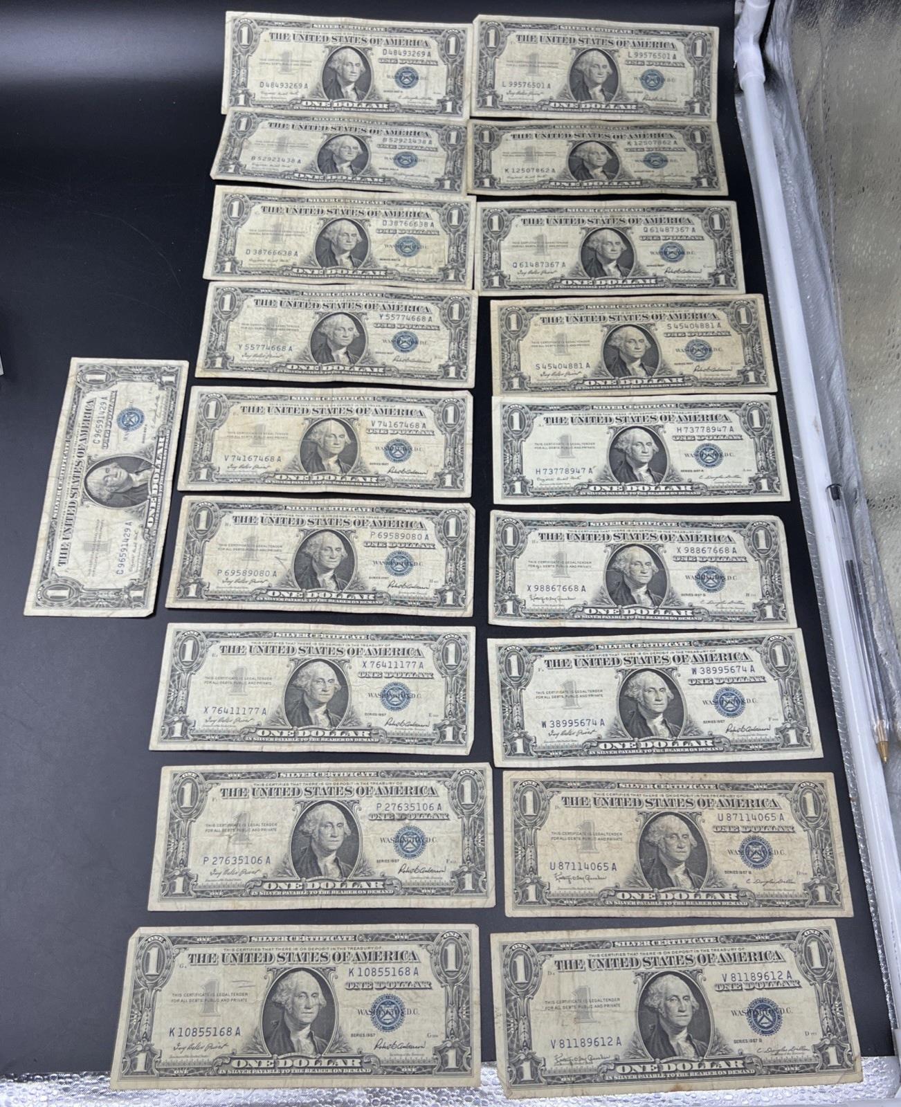 Lot of 19 $1 One Dollar 1957 Blue Seal Silver Certificate Notes G/VG Circ #168