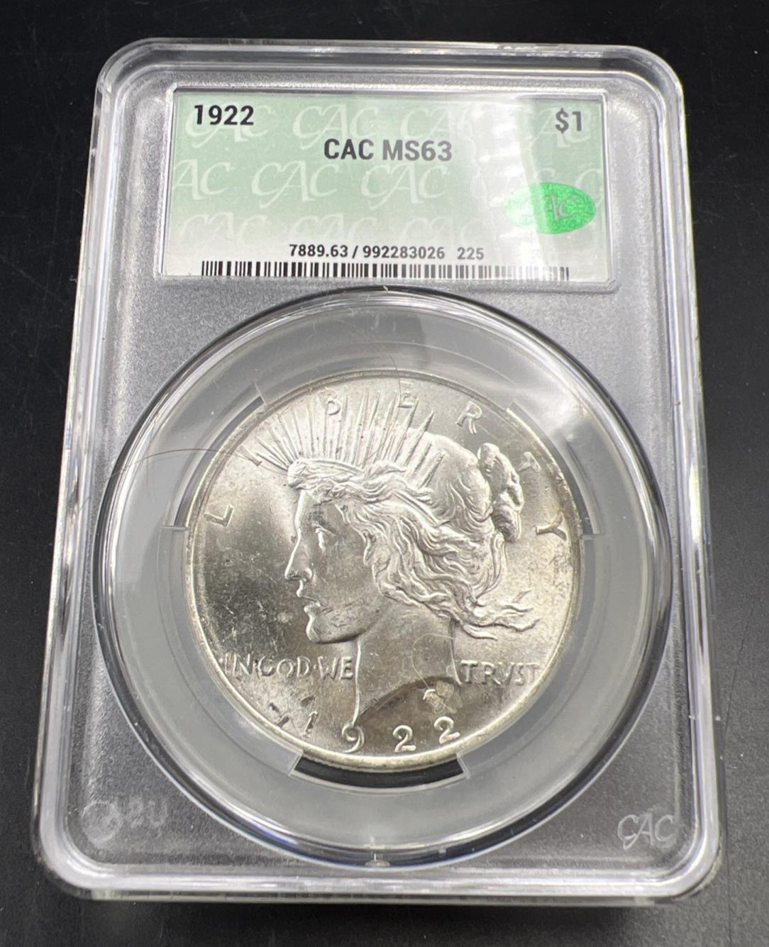 1922 Peace Silver Dollar Coin CAC Certified MS62 BU UNC