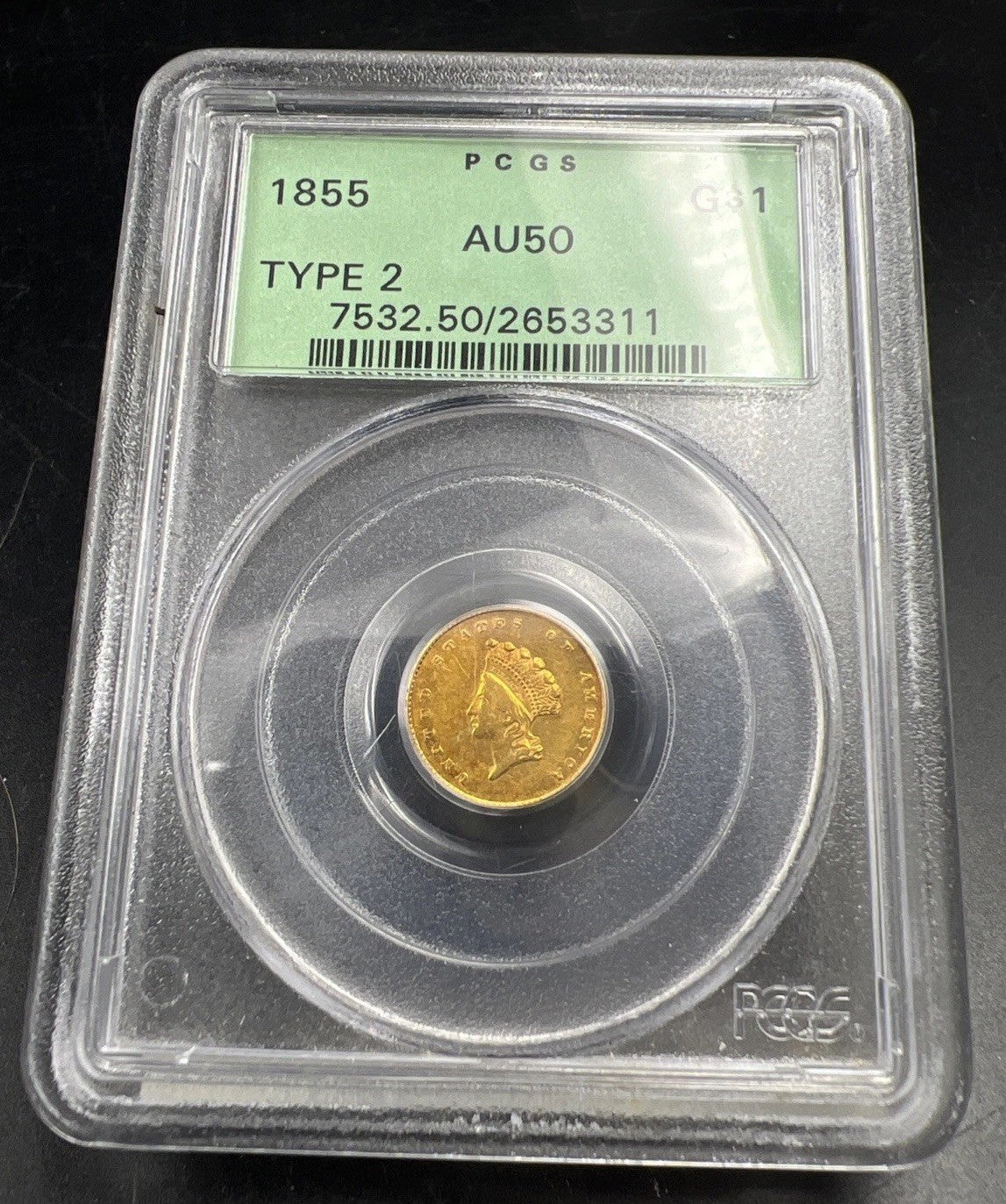 1855 Gold $1 One Dollar Princess Indian Head Type 2 Coin PCGS OGH AU50