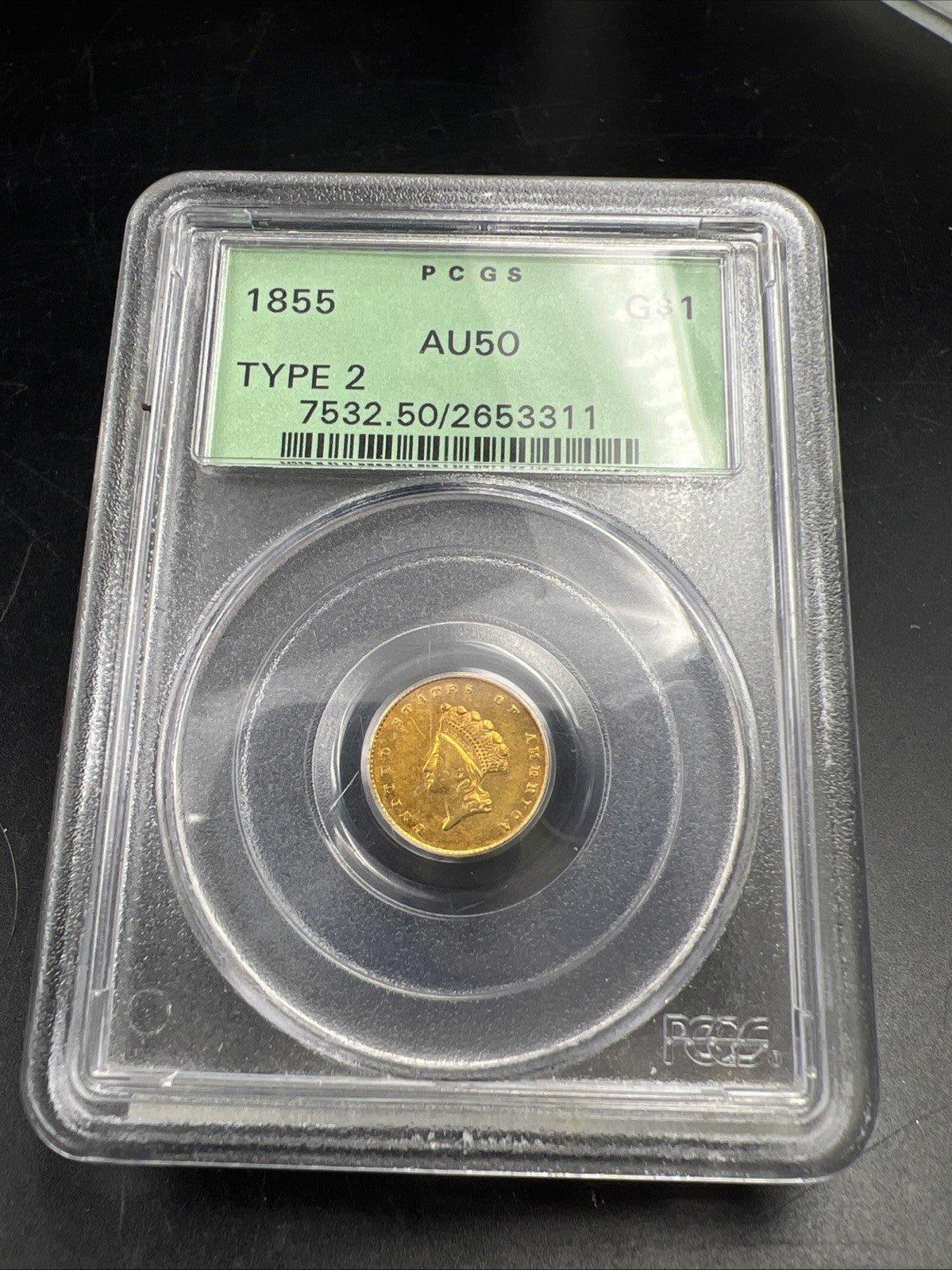 1855 Gold $1 One Dollar Princess Indian Head Type 2 Coin PCGS OGH AU50