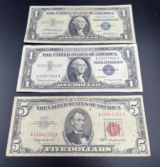 3 USA Banknote Set 1957 $1 VF 1957 * $1 G/VG & 1963 USN $5 G / VG