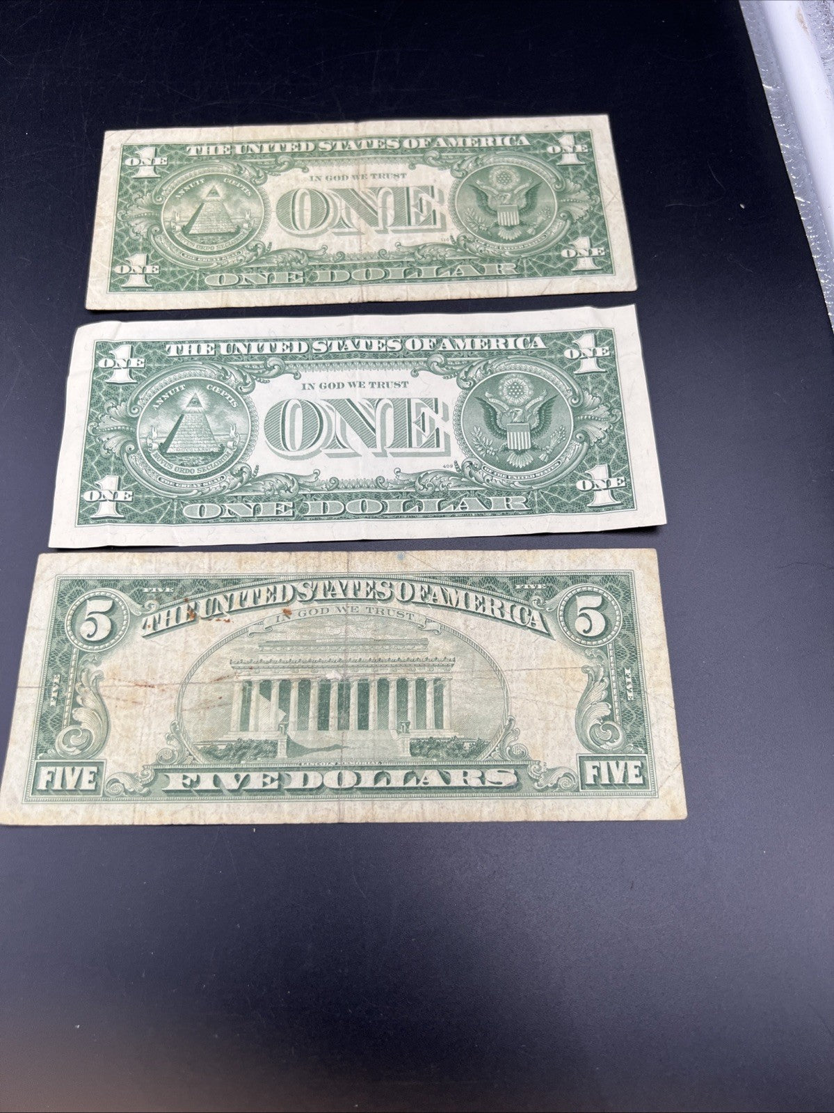 3 USA Banknote Set 1957 $1 VF 1957 * $1 G/VG & 1963 USN $5 G / VG