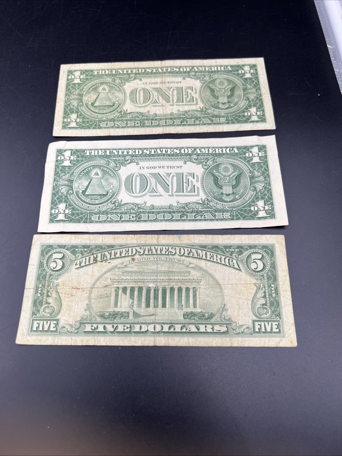 3 USA Banknote Set 1957 $1 VF 1957 * $1 G/VG & 1963 USN $5 G / VG