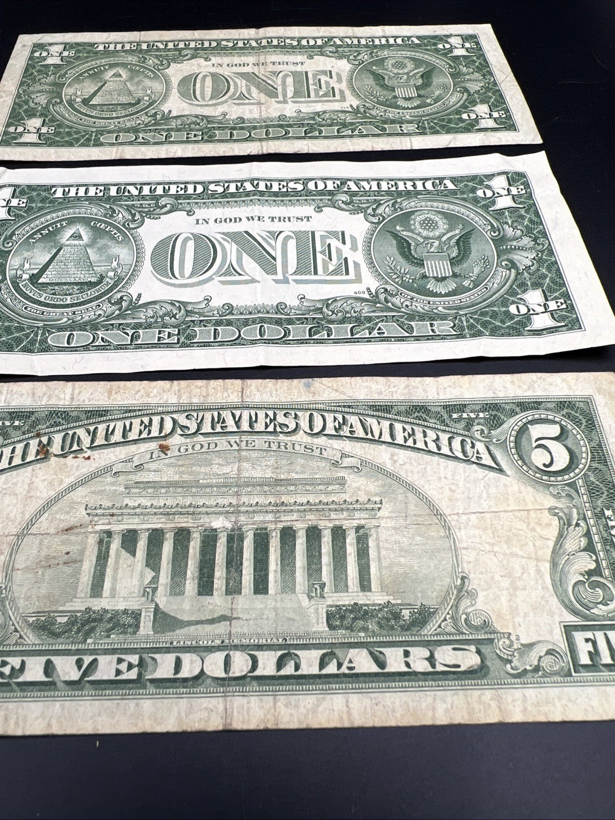 3 USA Banknote Set 1957 $1 VF 1957 * $1 G/VG & 1963 USN $5 G / VG