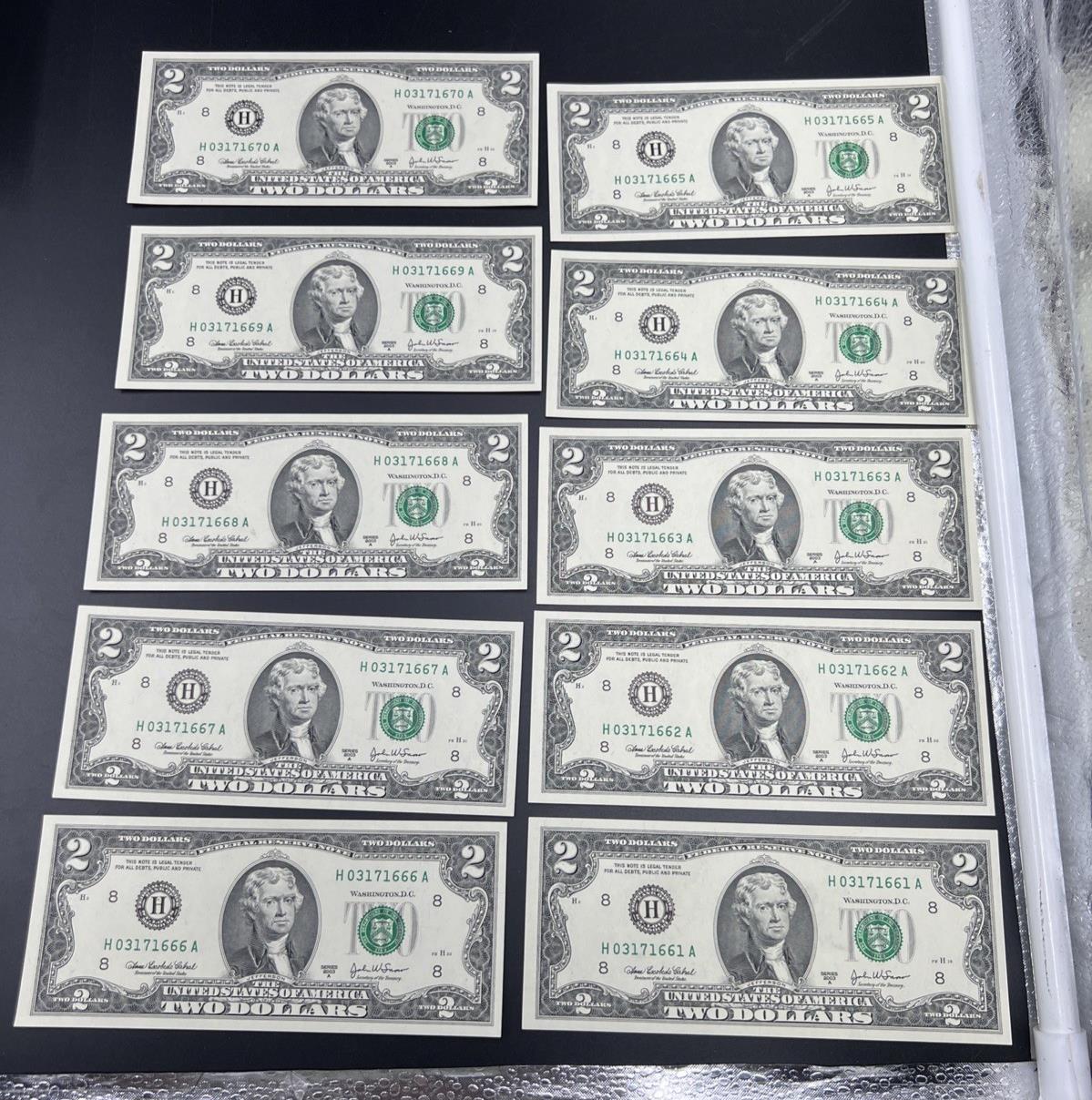 10 Consecutive 2003 A $2 FRN Federal Reserve Notes District H CH UNC #66