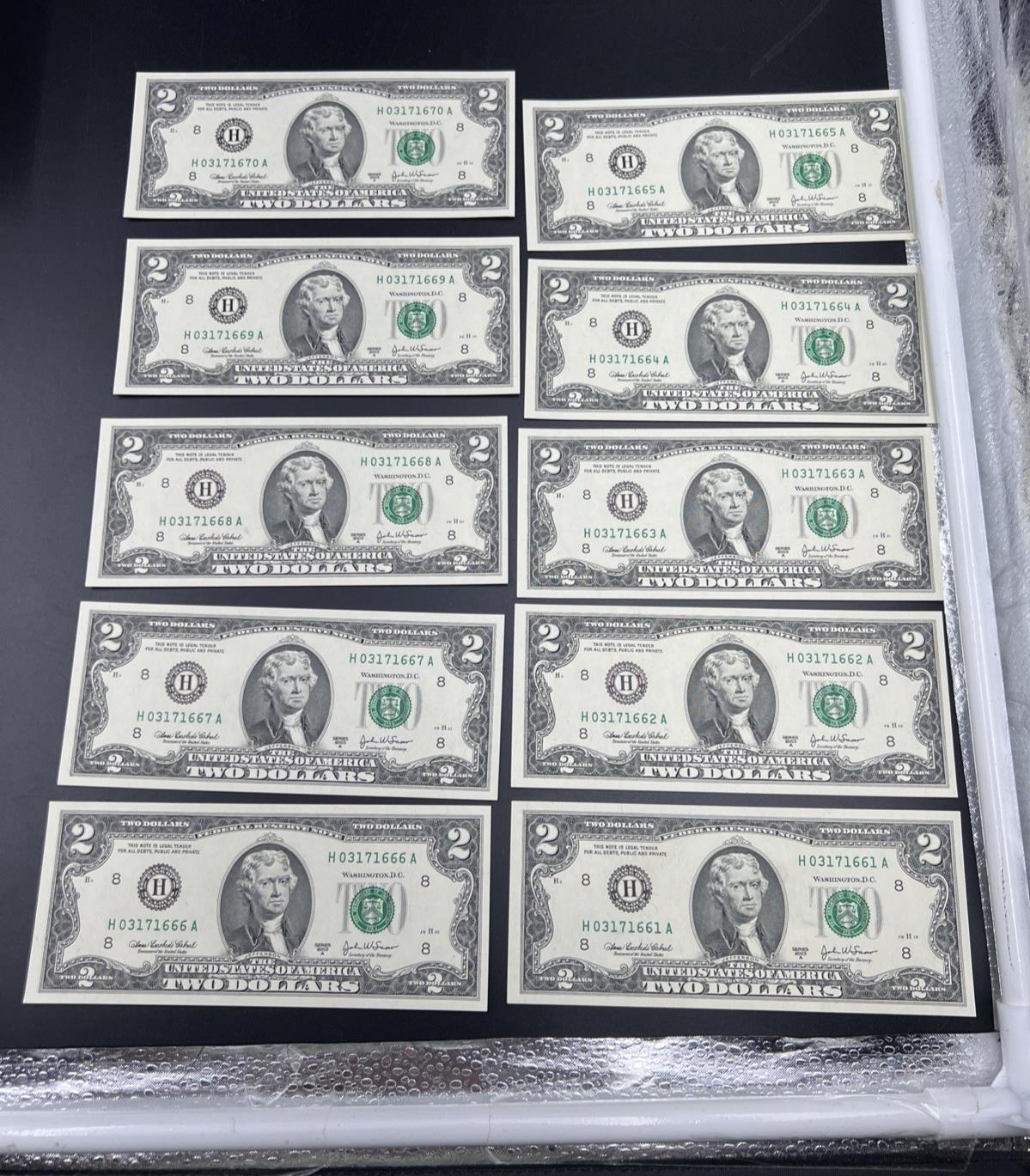 10 Consecutive 2003 A $2 FRN Federal Reserve Notes District H CH UNC #66