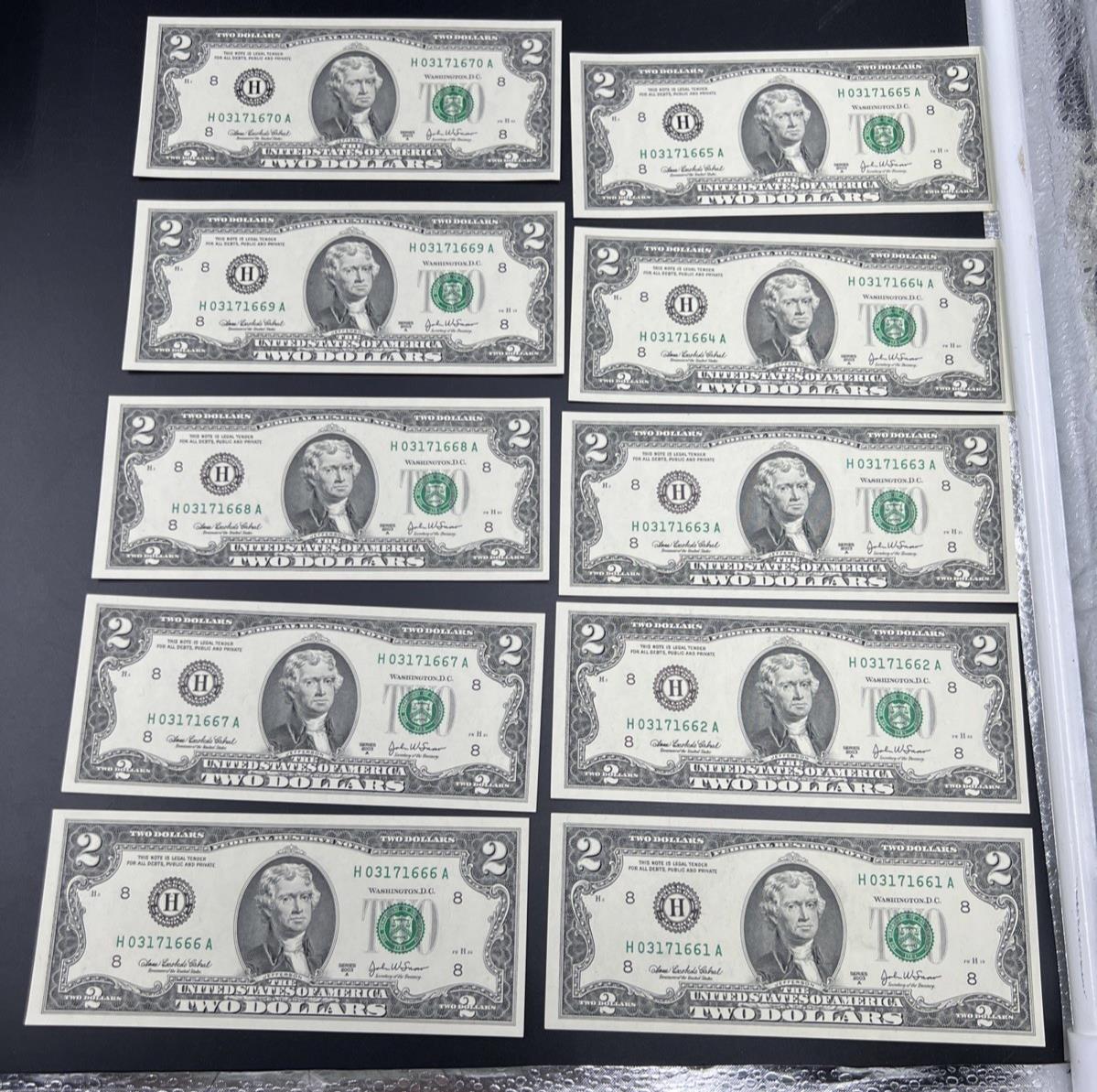 10 Consecutive 2003 A $2 FRN Federal Reserve Notes District H CH UNC #66