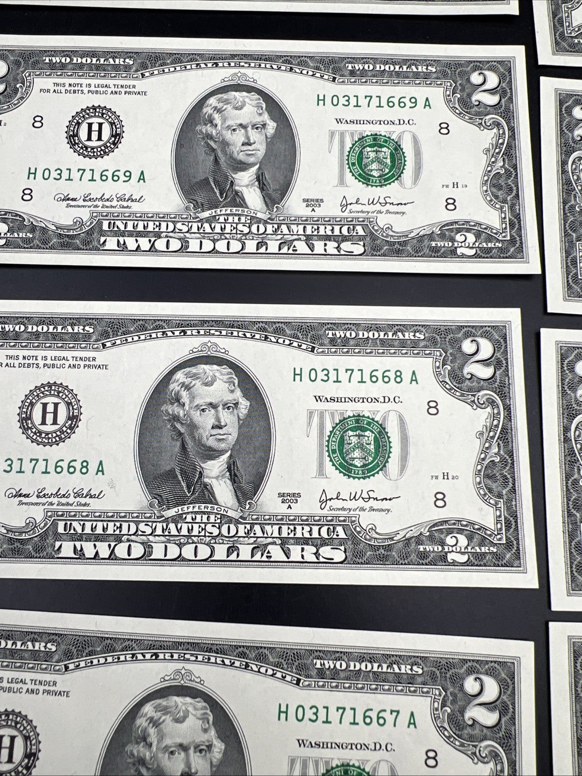 10 Consecutive 2003 A $2 FRN Federal Reserve Notes District H CH UNC #66