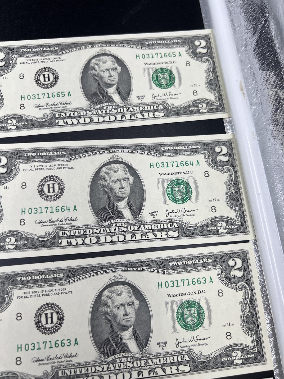 10 Consecutive 2003 A $2 FRN Federal Reserve Notes District H CH UNC #66