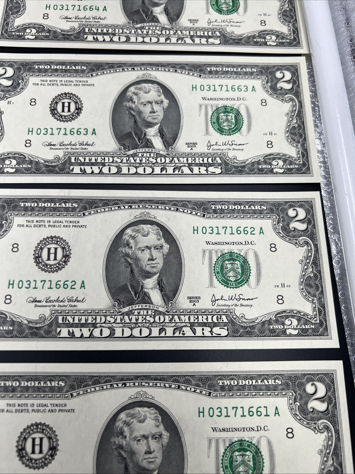 10 Consecutive 2003 A $2 FRN Federal Reserve Notes District H CH UNC #66