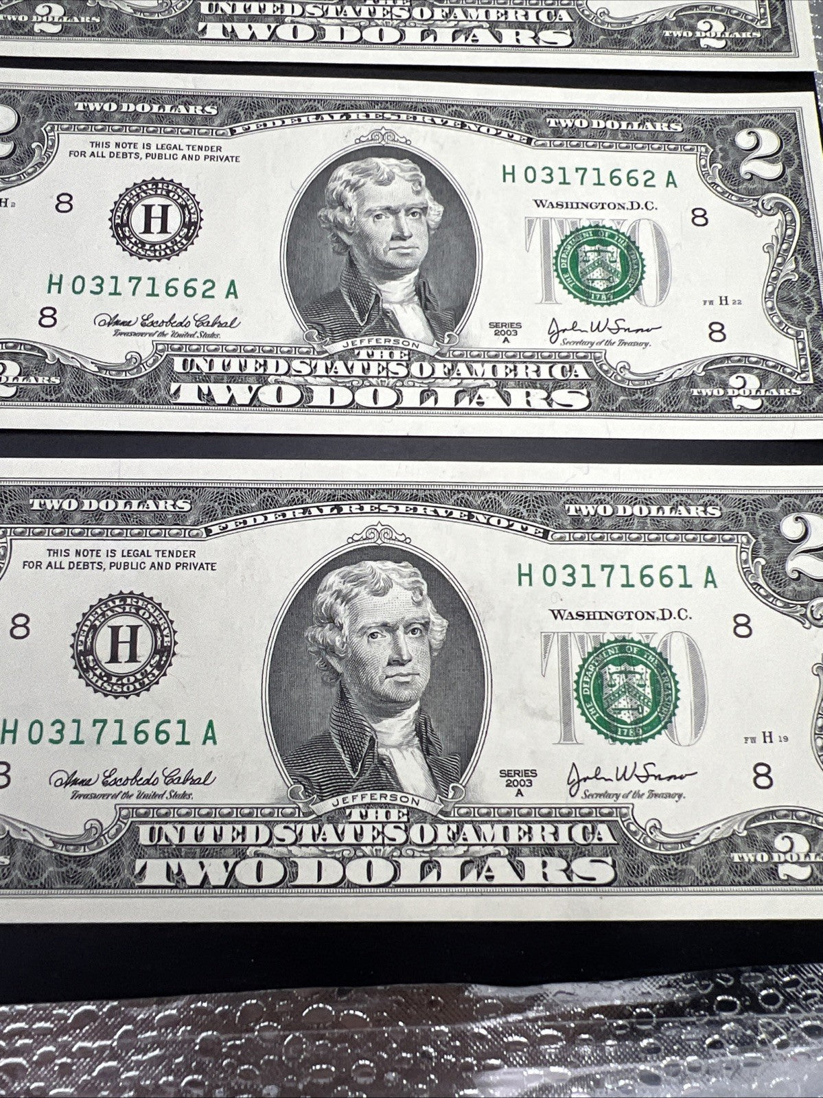 10 Consecutive 2003 A $2 FRN Federal Reserve Notes District H CH UNC #66