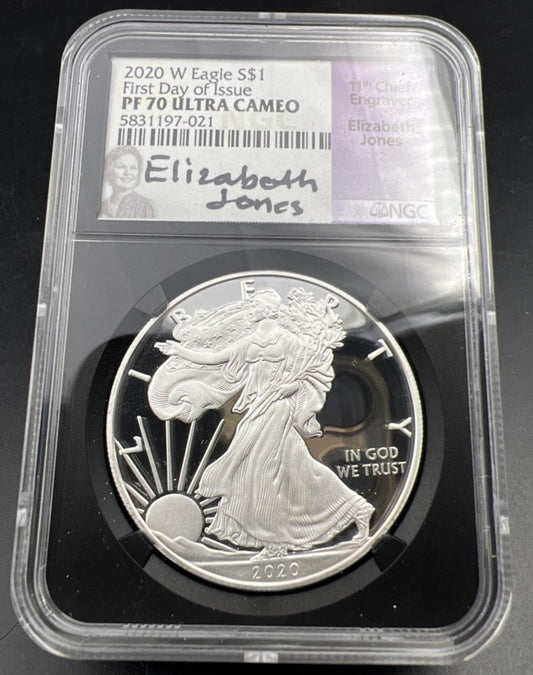 2020 W 1 Oz ASE American Silver Eagle PF70 UCAM FDOI Elizabeth Jones Signature