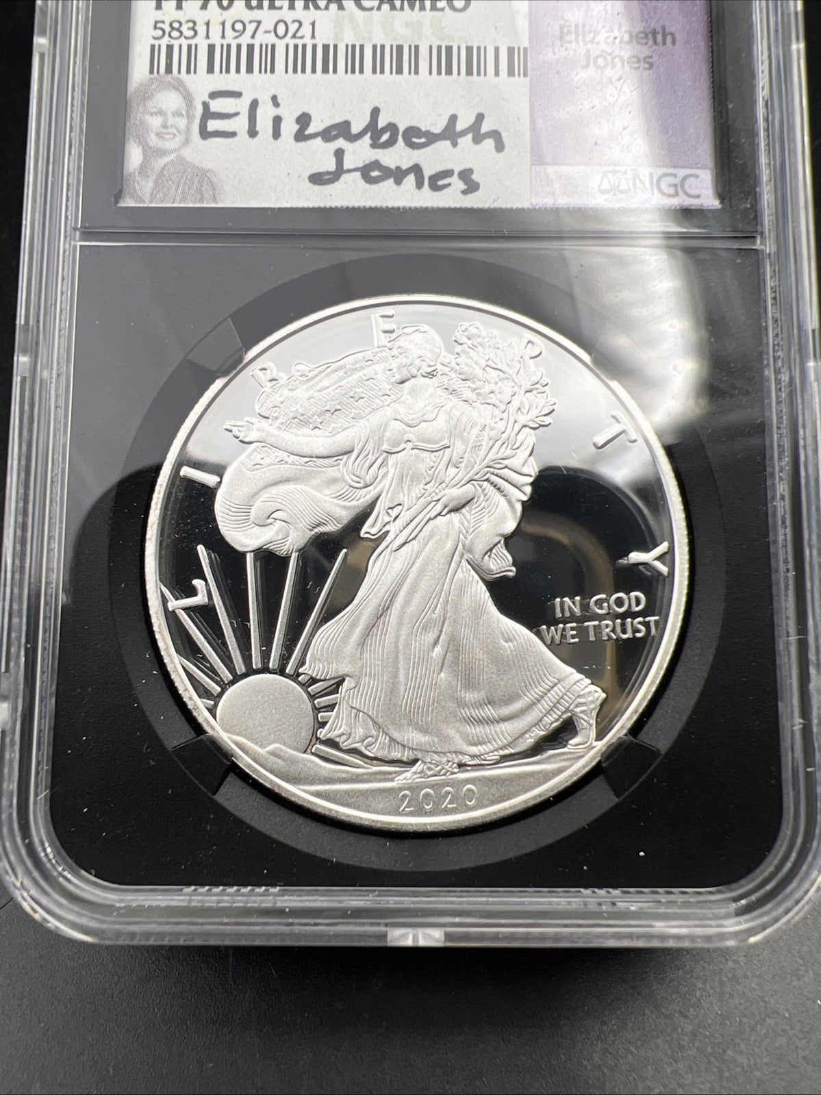 2020 W 1 Oz ASE American Silver Eagle PF70 UCAM FDOI Elizabeth Jones Signature