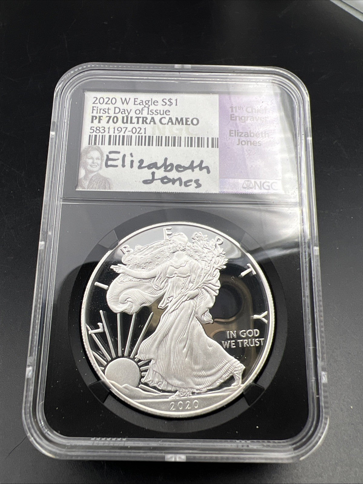 2020 W 1 Oz ASE American Silver Eagle PF70 UCAM FDOI Elizabeth Jones Signature