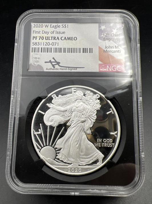 2020 W 1 Oz ASE American Silver Eagle PF70 UCAM FDOI Mercanti Signed Signature