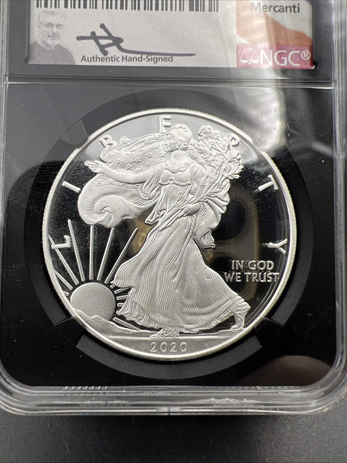 2020 W 1 Oz ASE American Silver Eagle PF70 UCAM FDOI Mercanti Signed Signature