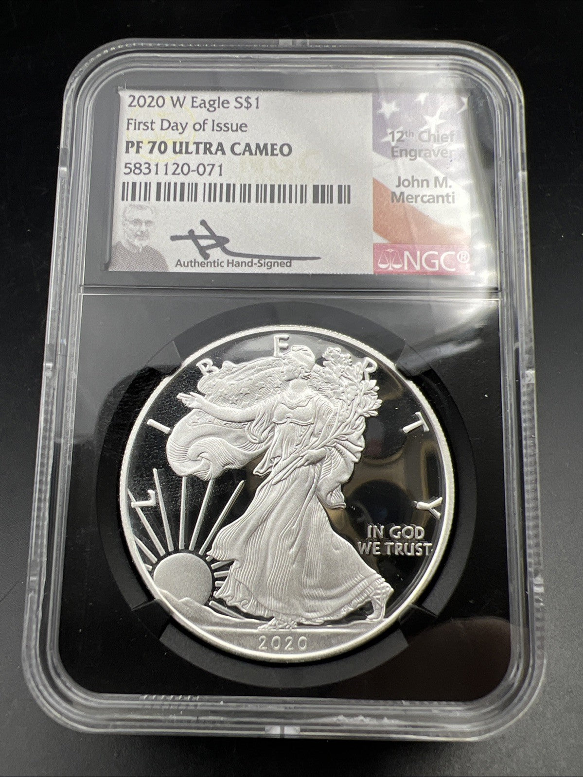 2020 W 1 Oz ASE American Silver Eagle PF70 UCAM FDOI Mercanti Signed Signature
