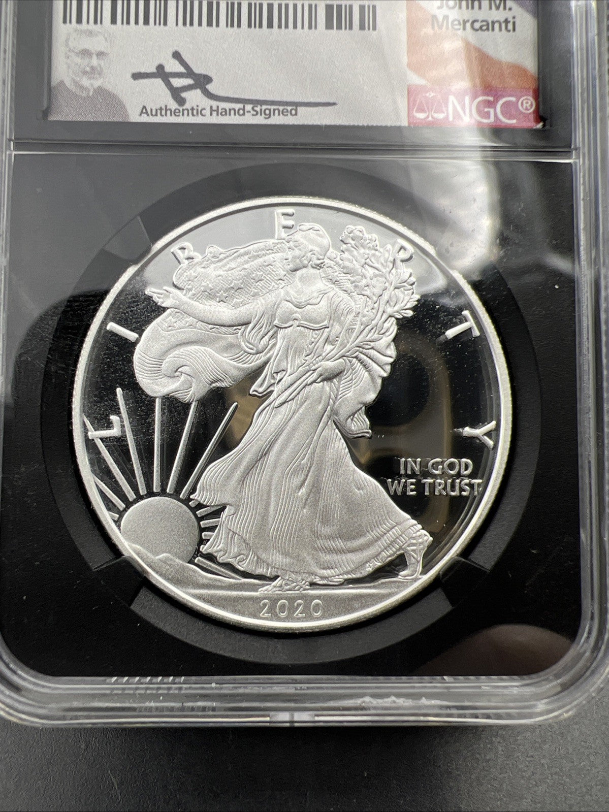 2020 W 1 Oz ASE American Silver Eagle PF70 UCAM FDOI Mercanti Signed Signature