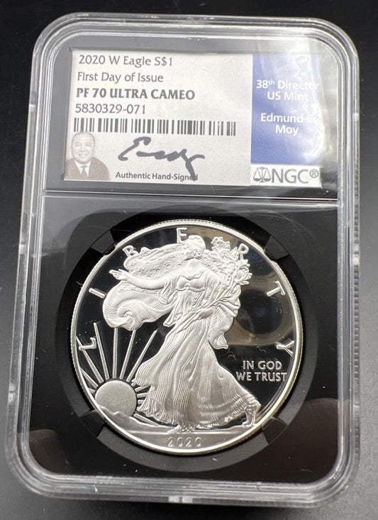 2020 W 1 Oz ASE American Silver Eagle PF70 UCAM FDOI Moy Signature West Point