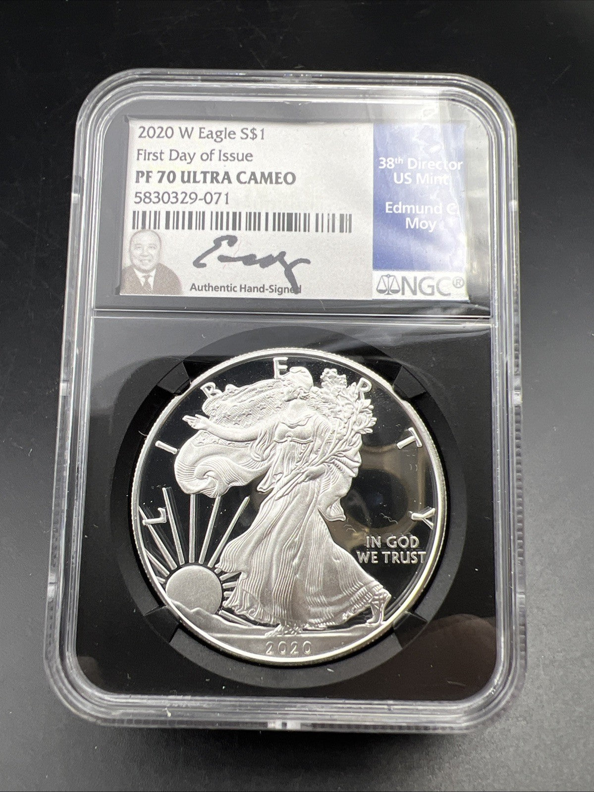 2020 W 1 Oz ASE American Silver Eagle PF70 UCAM FDOI Moy Signature West Point