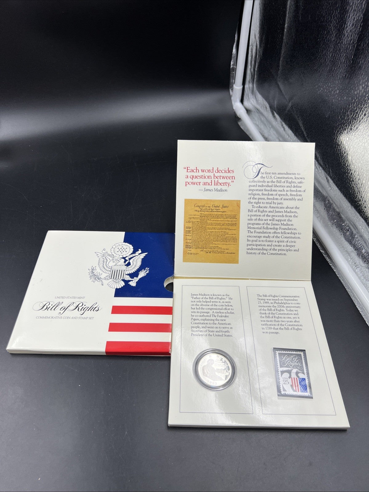 1993 Madison Proof 90% Silver 50c Half Dollar Coin & Stamp Set US Mint
