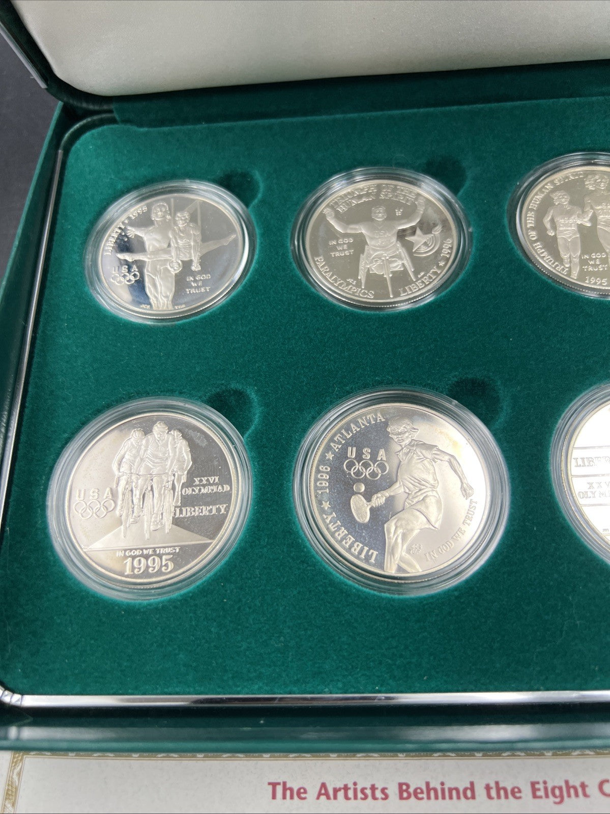 8 Coin Complete Atlanta Olympics 90% Silver Olympic Dollar Proof Set w/ Box COA