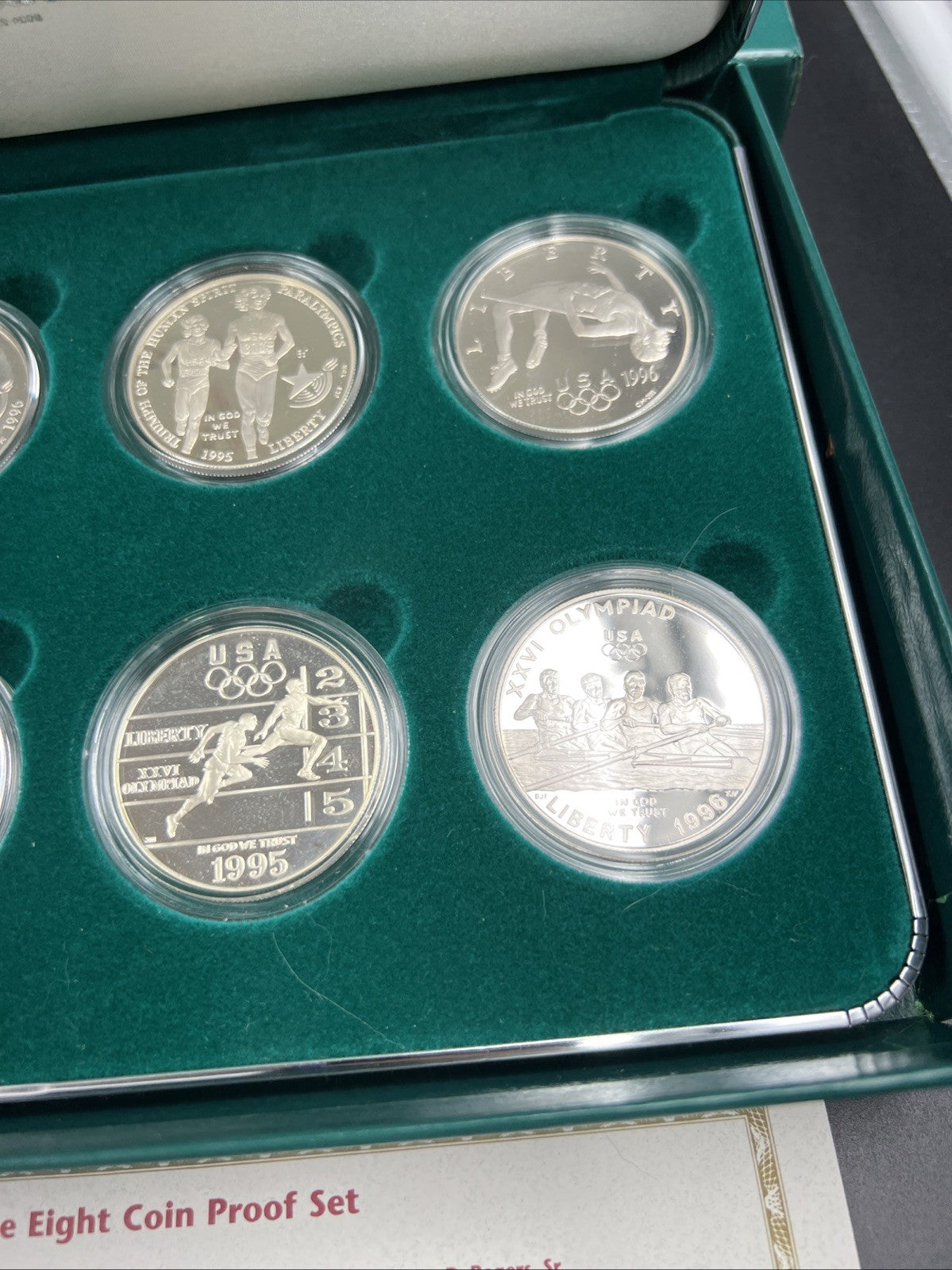 8 Coin Complete Atlanta Olympics 90% Silver Olympic Dollar Proof Set w/ Box COA