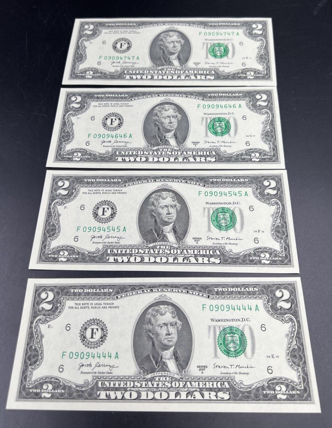 4 Consecutive 2017 A $2 FRN Federal Reserve US Currency Note CH UNC Fancy Serial