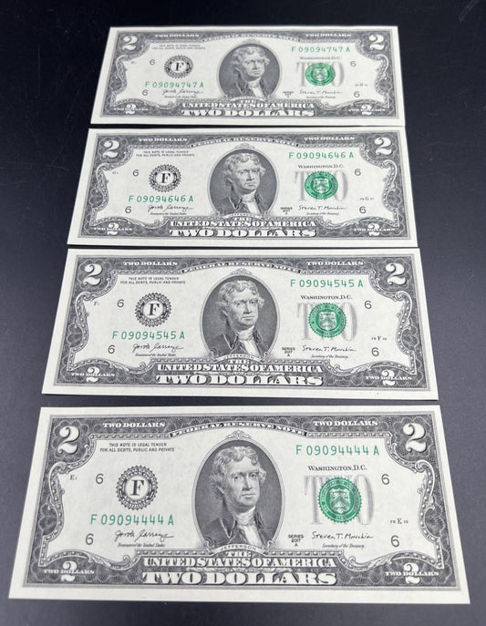 4 Consecutive 2017 A $2 FRN Federal Reserve US Currency Note CH UNC Fancy Serial