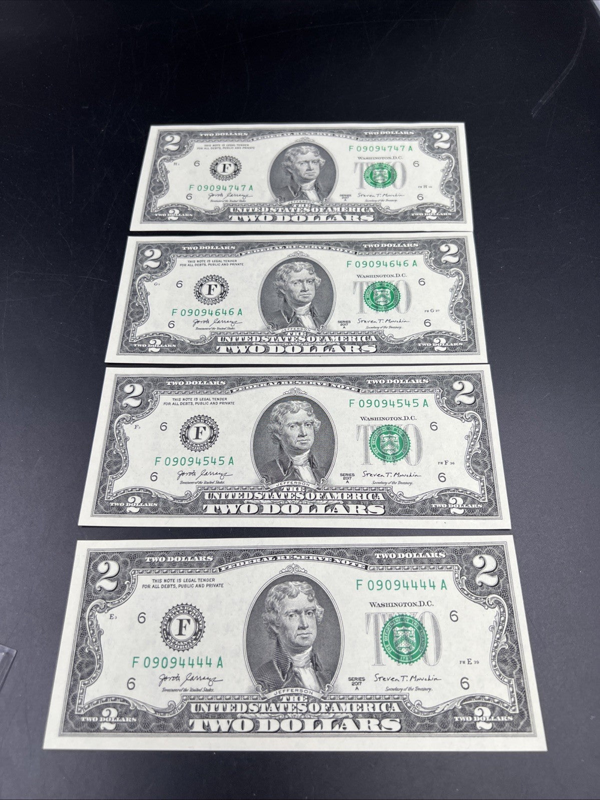 4 Consecutive 2017 A $2 FRN Federal Reserve US Currency Note CH UNC Fancy Serial