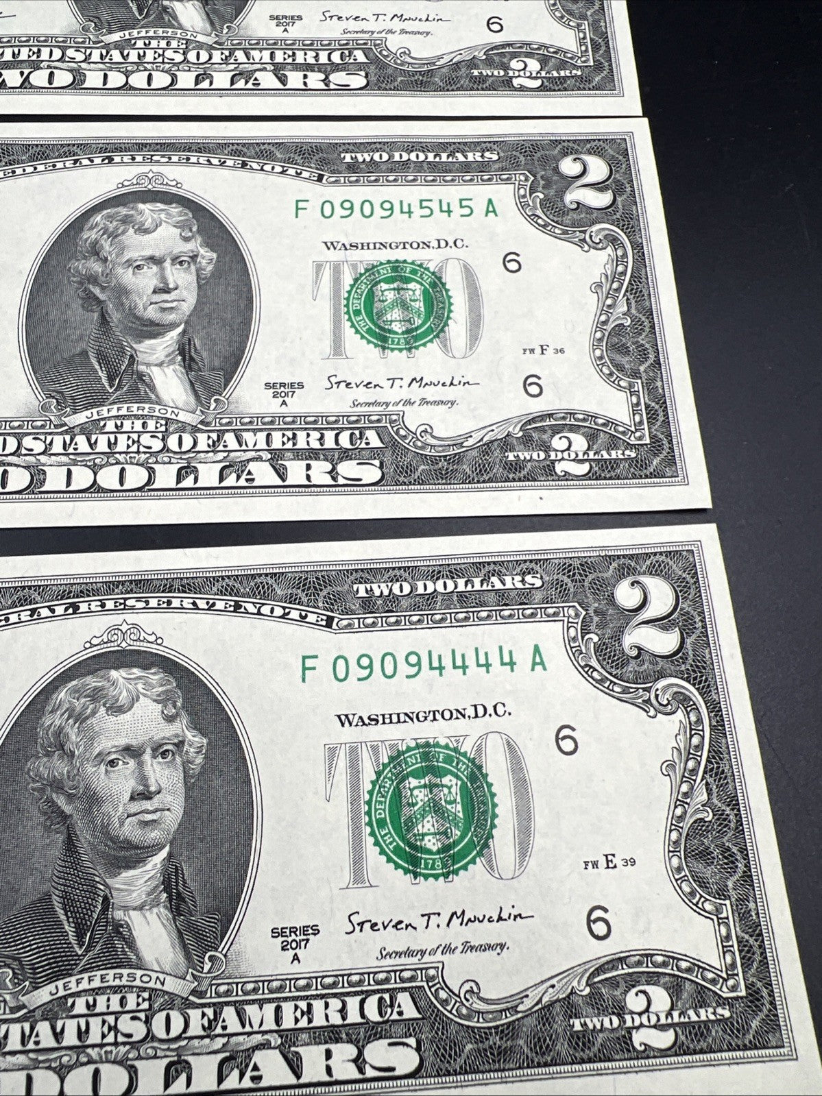 4 Consecutive 2017 A $2 FRN Federal Reserve US Currency Note CH UNC Fancy Serial