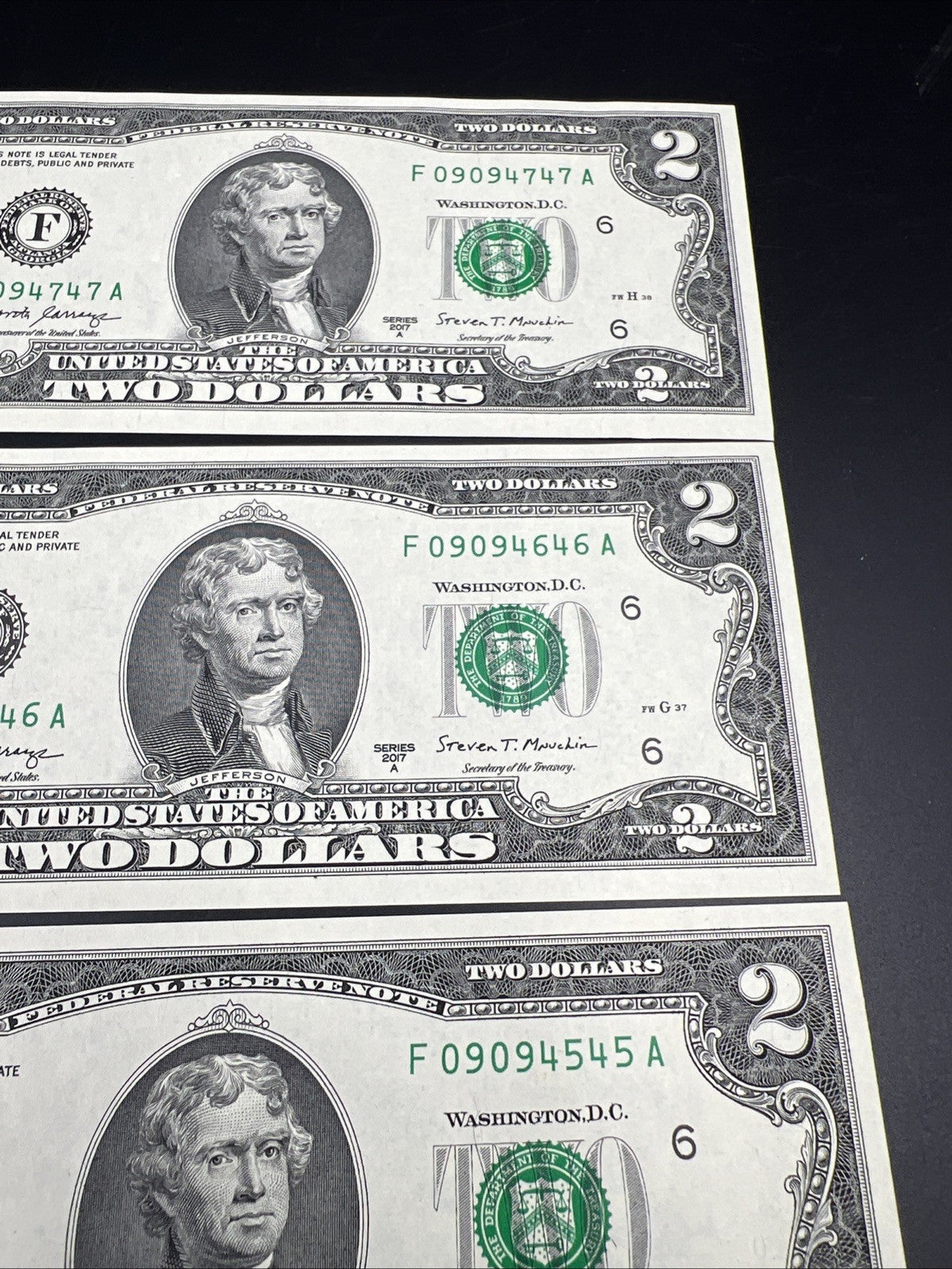 4 Consecutive 2017 A $2 FRN Federal Reserve US Currency Note CH UNC Fancy Serial