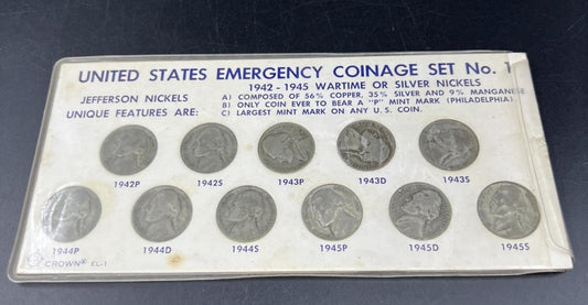 1942 1943 1944 1945 Complete 11 Coin US 35% Silver War Nickel Coin Emergency Set