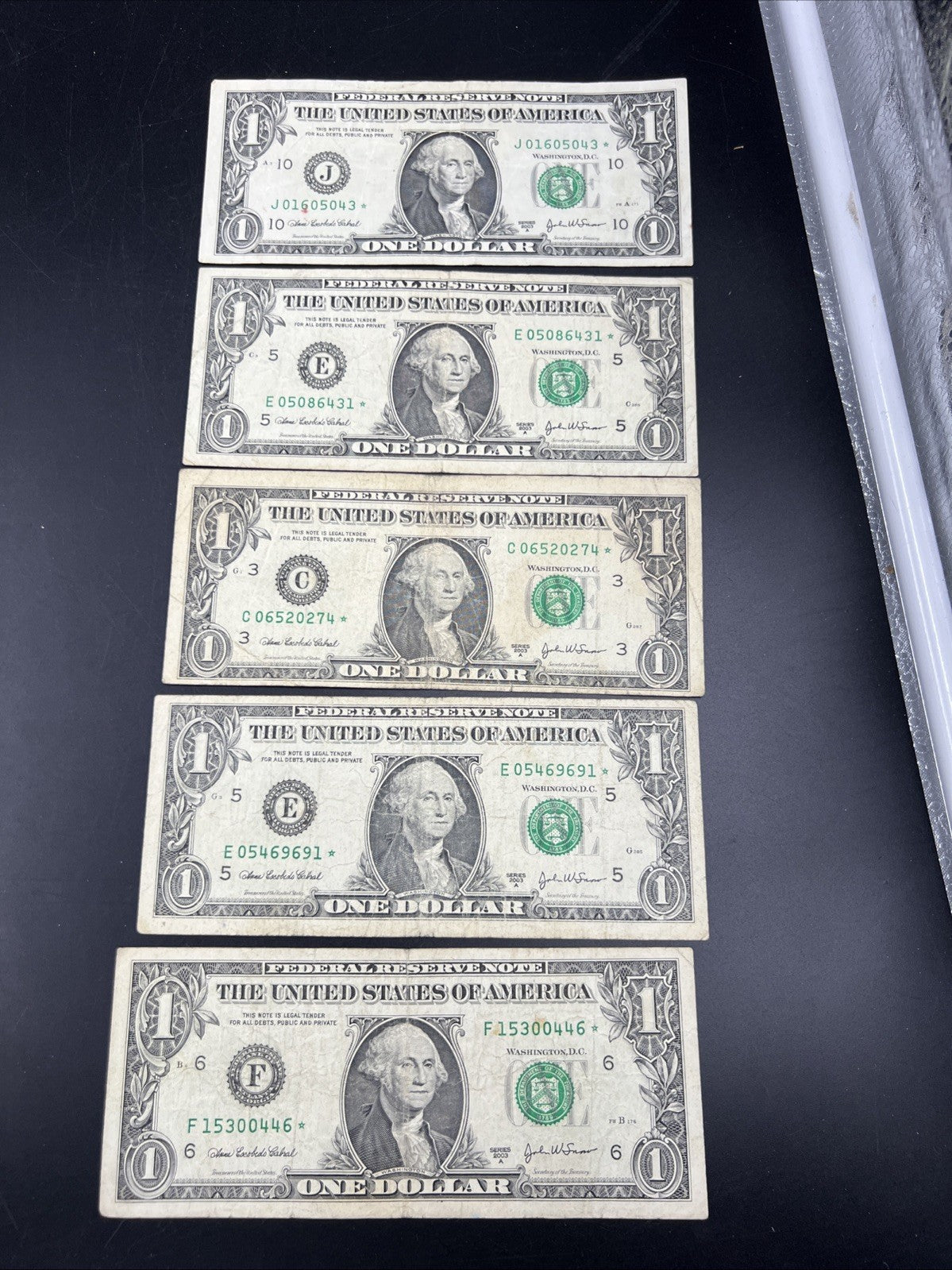 Lot of 5 2003 * Star $1 One Dollar FRN Federal Reserve Notes Circulated #446