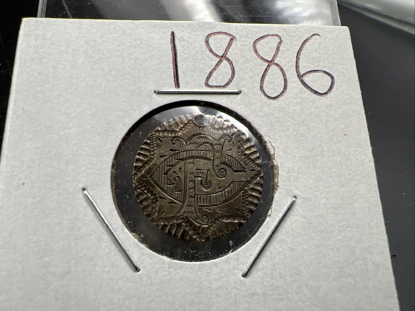 F C Monogram Initials Love Token on 1886 10c Liberty Silver Dime Seated CH Circ