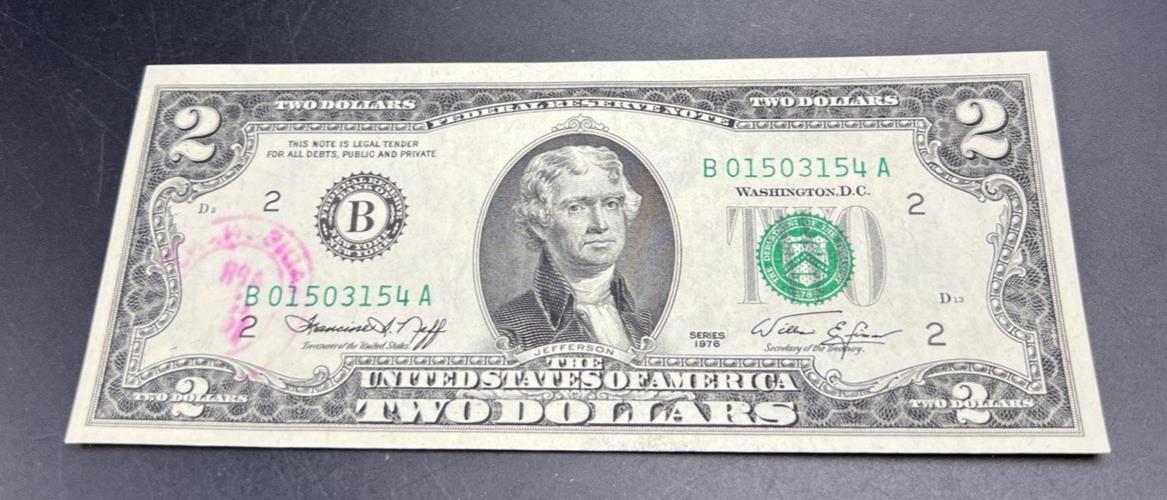 1976 $2 Postal Two Dollar Bicentennial Federal Reserve Note District B UNC #154