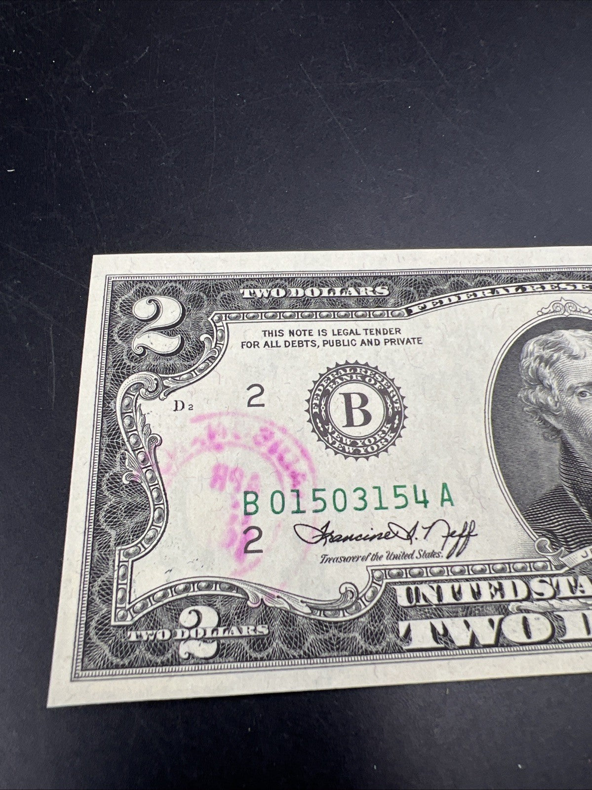 1976 $2 Postal Two Dollar Bicentennial Federal Reserve Note District B UNC #154