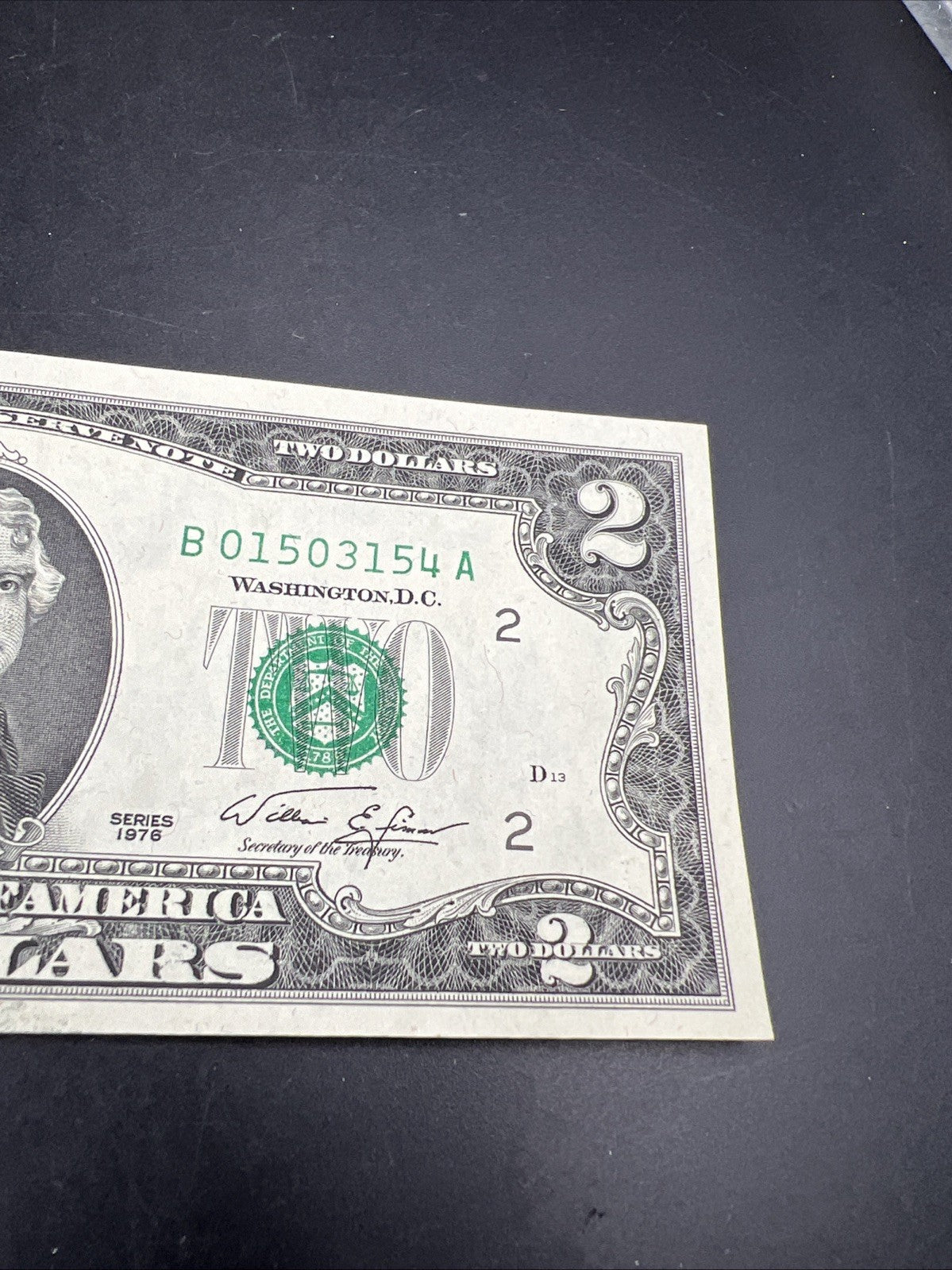 1976 $2 Postal Two Dollar Bicentennial Federal Reserve Note District B UNC #154
