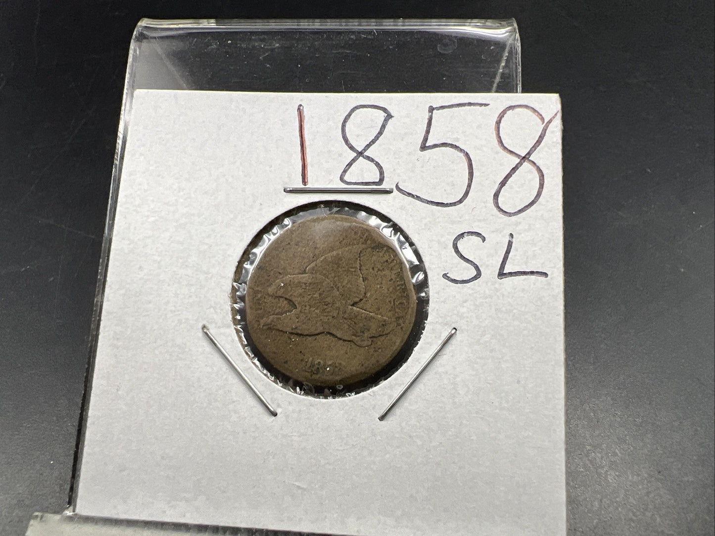 1858 1c Flying Eagle Cent Coin Very Circulated Damage Small Letters VarietySKU#H