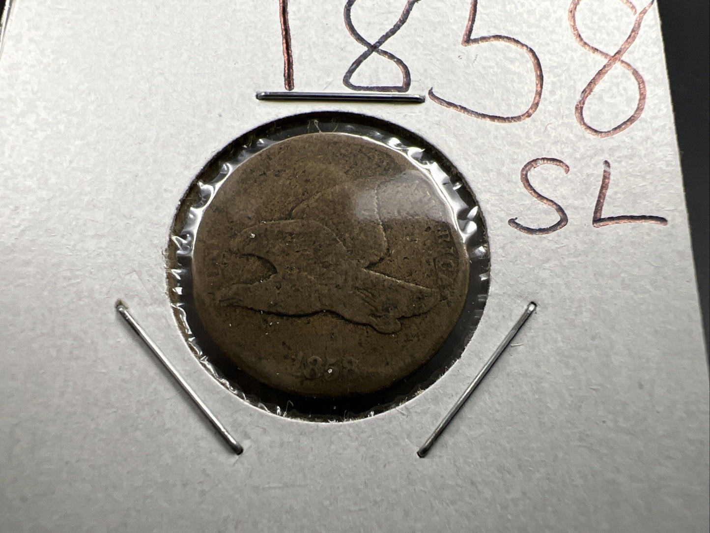 1858 1c Flying Eagle Cent Coin Very Circulated Damage Small Letters VarietySKU#H
