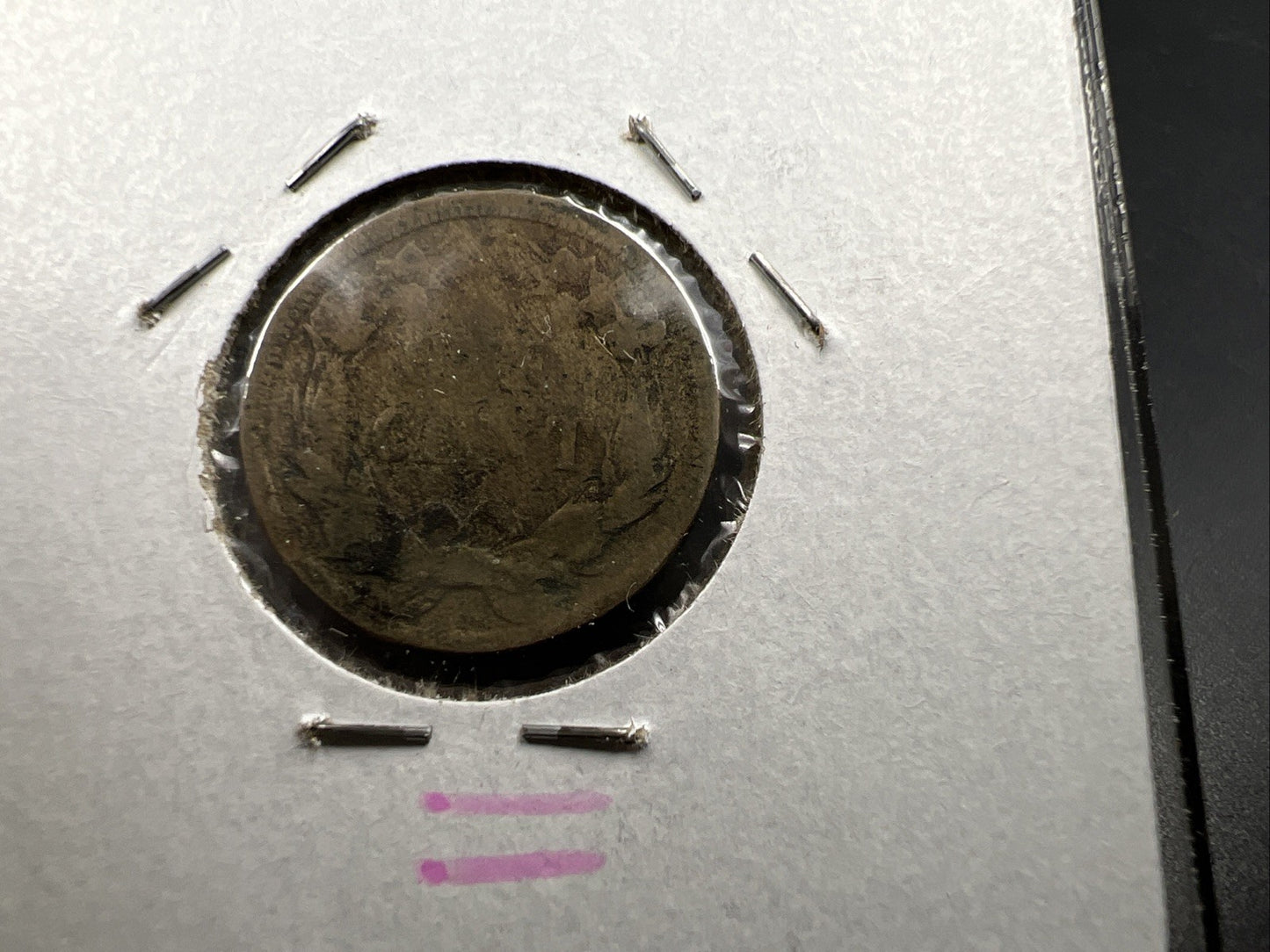 1858 1c Flying Eagle Cent Coin Very Circulated Damage Small Letters VarietySKU#H