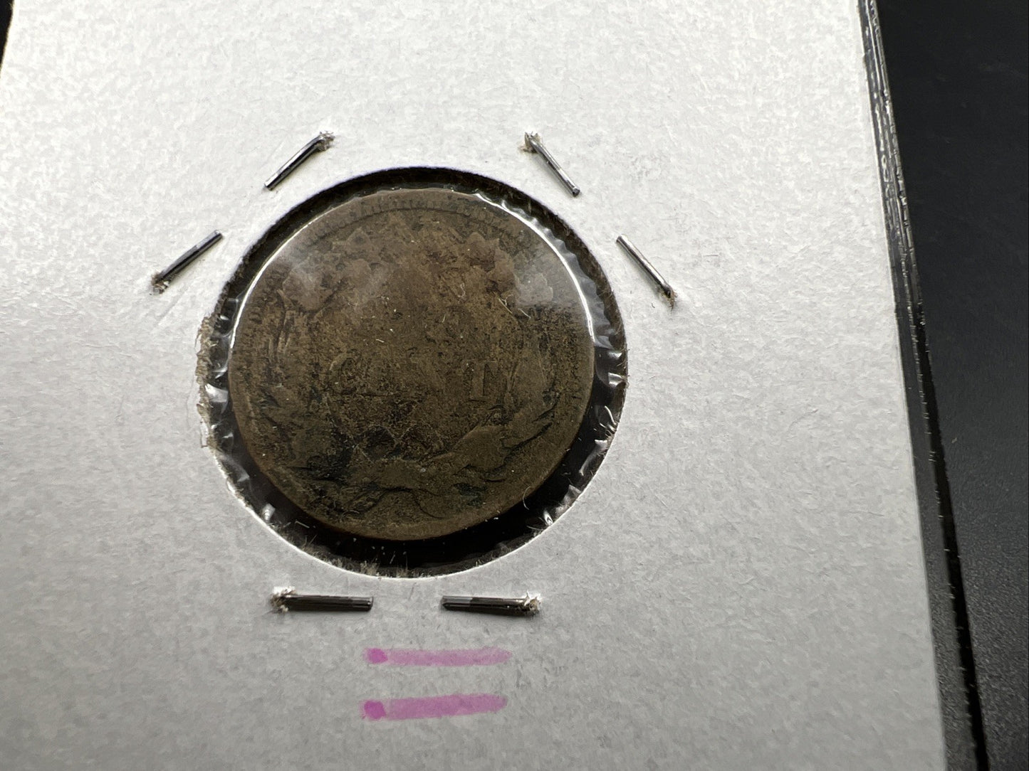 1858 1c Flying Eagle Cent Coin Very Circulated Damage Small Letters VarietySKU#H