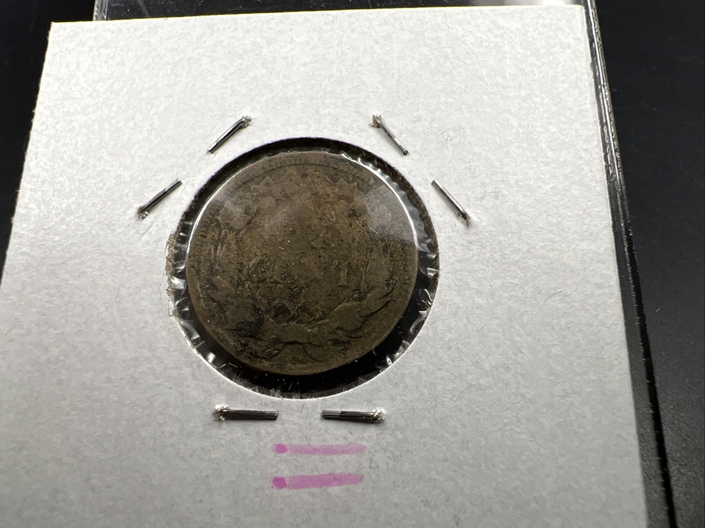 1858 1c Flying Eagle Cent Coin Very Circulated Damage Small Letters VarietySKU#H