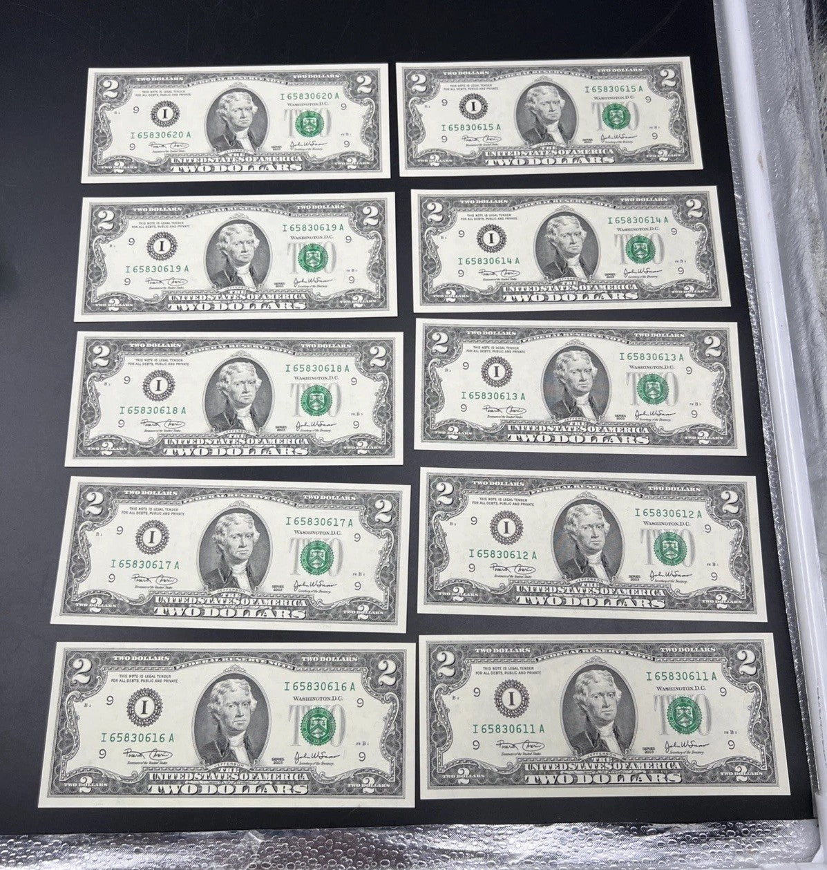 10 Consecutive 2003 Two Dollar FRN Federal Reserve Notes CH UNC I District #11