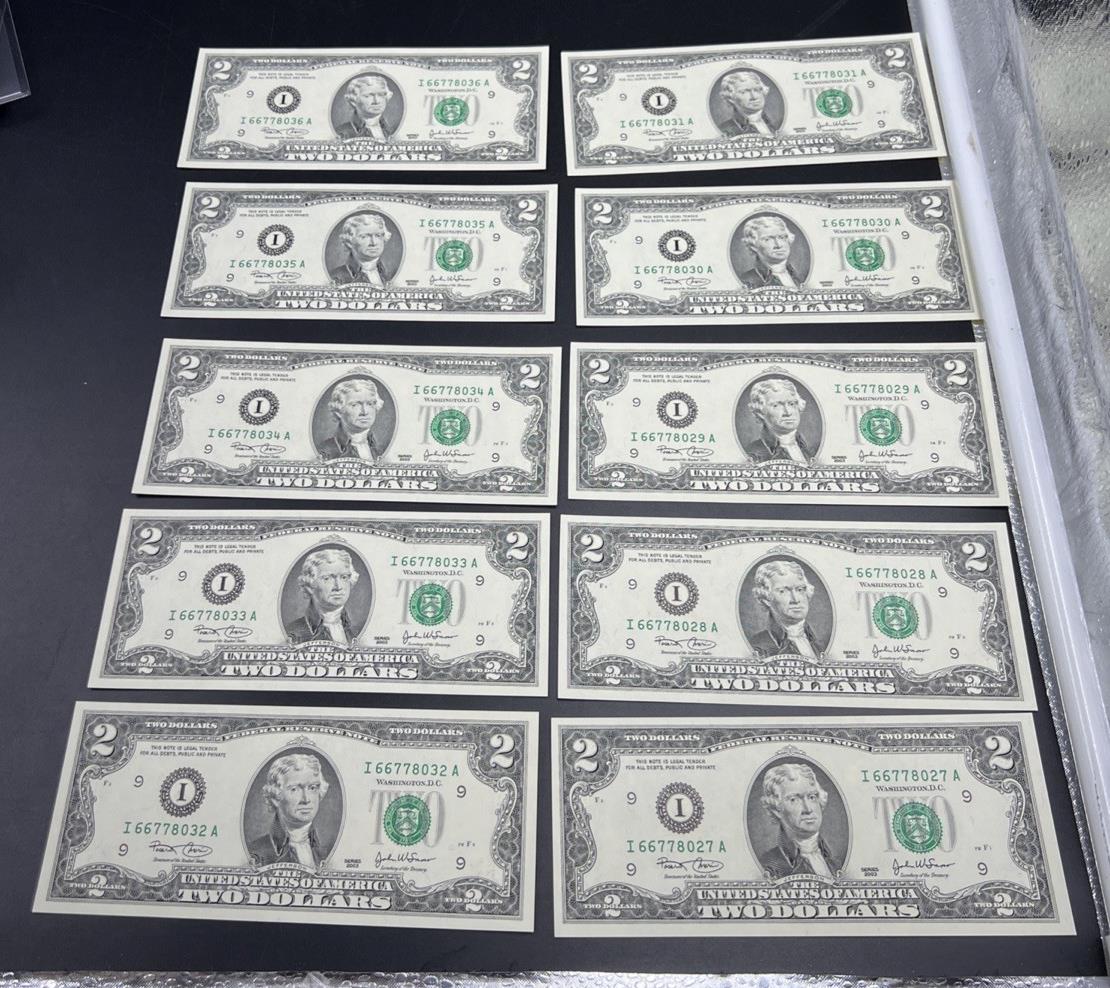 10 Consecutive 2003 Two Dollar FRN Federal Reserve Notes Repeaters CH UNC #27