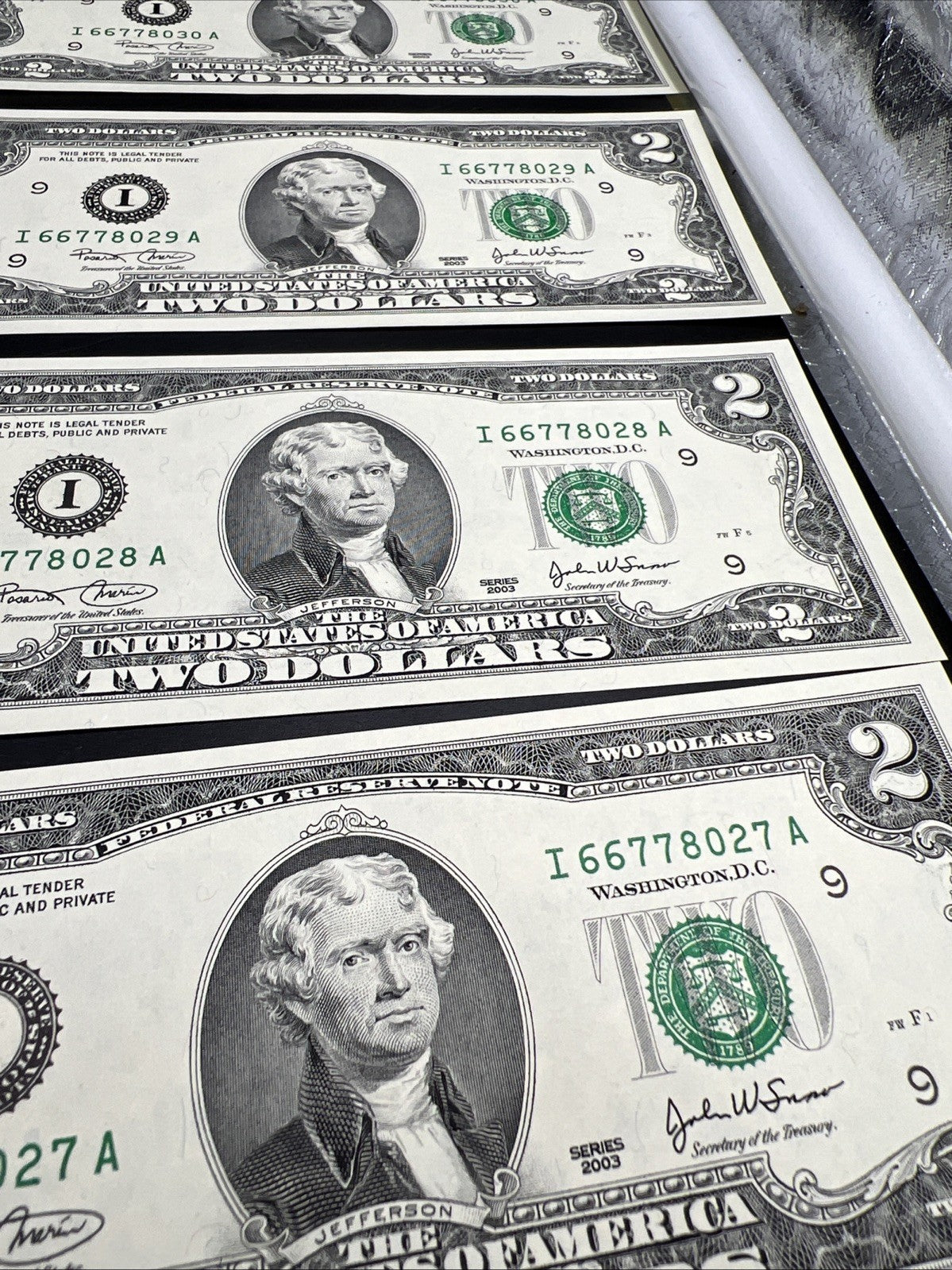 10 Consecutive 2003 Two Dollar FRN Federal Reserve Notes Repeaters CH UNC #27