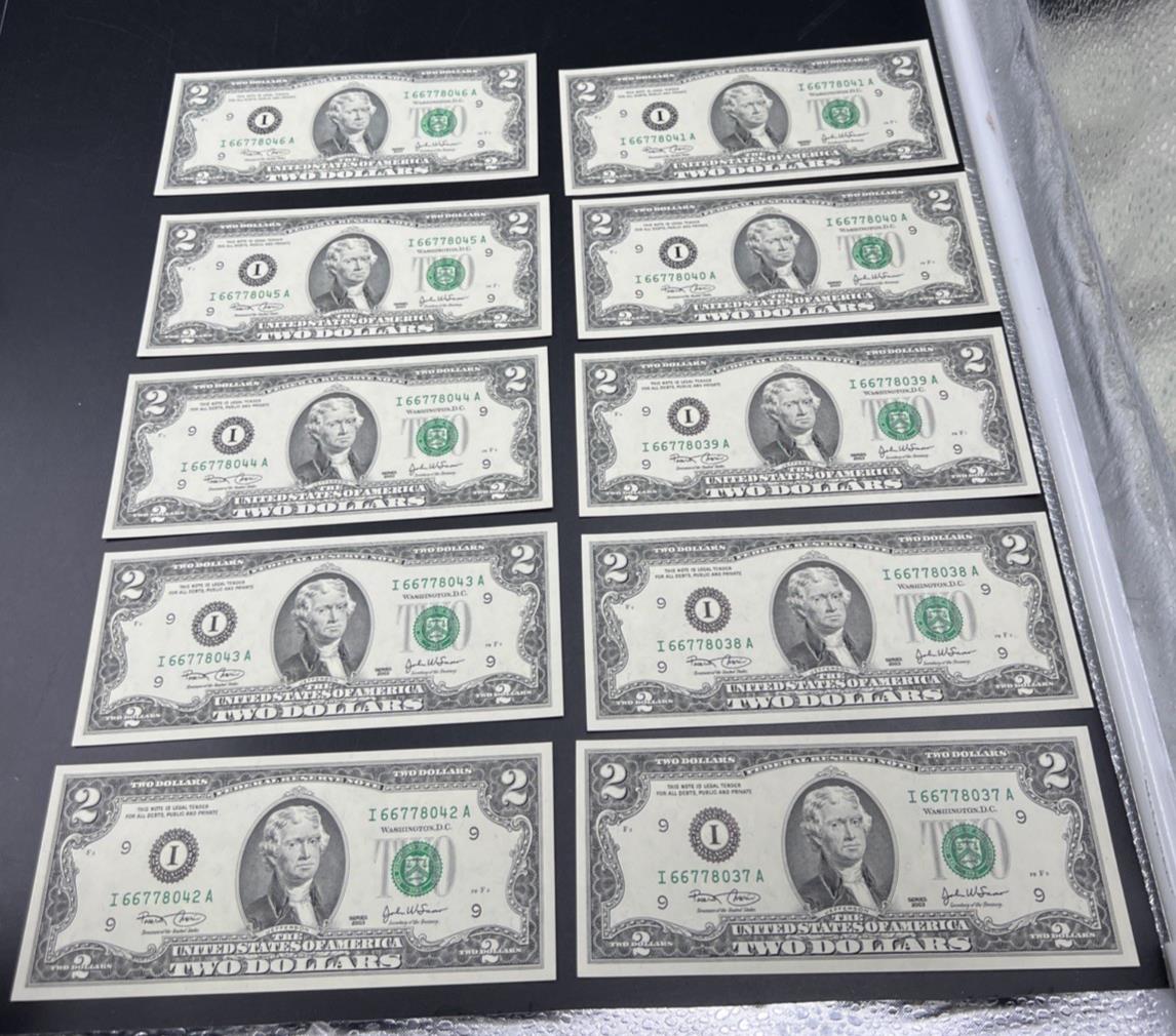 10 Consecutive 2003 Two Dollar FRN Federal Reserve Notes Repeaters CH UNC #37
