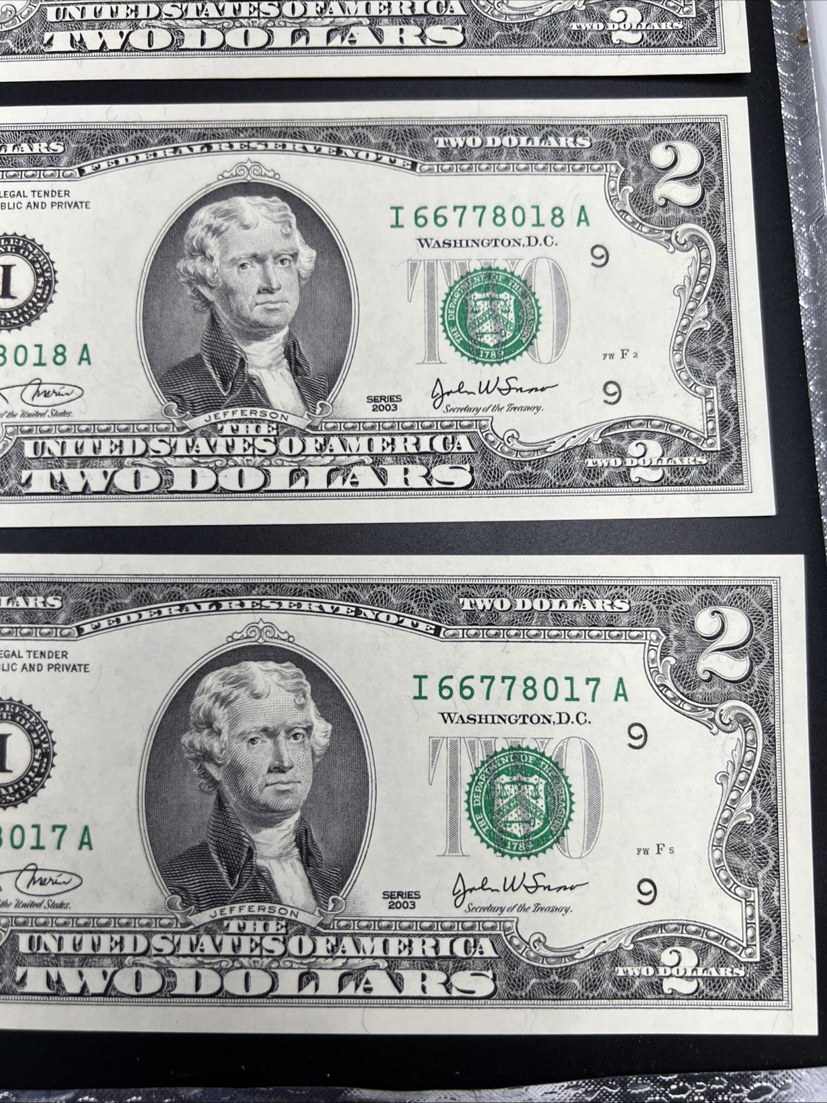 10 Consecutive 2003 Two Dollar FRN Federal Reserve Notes Repeaters CH UNC #17
