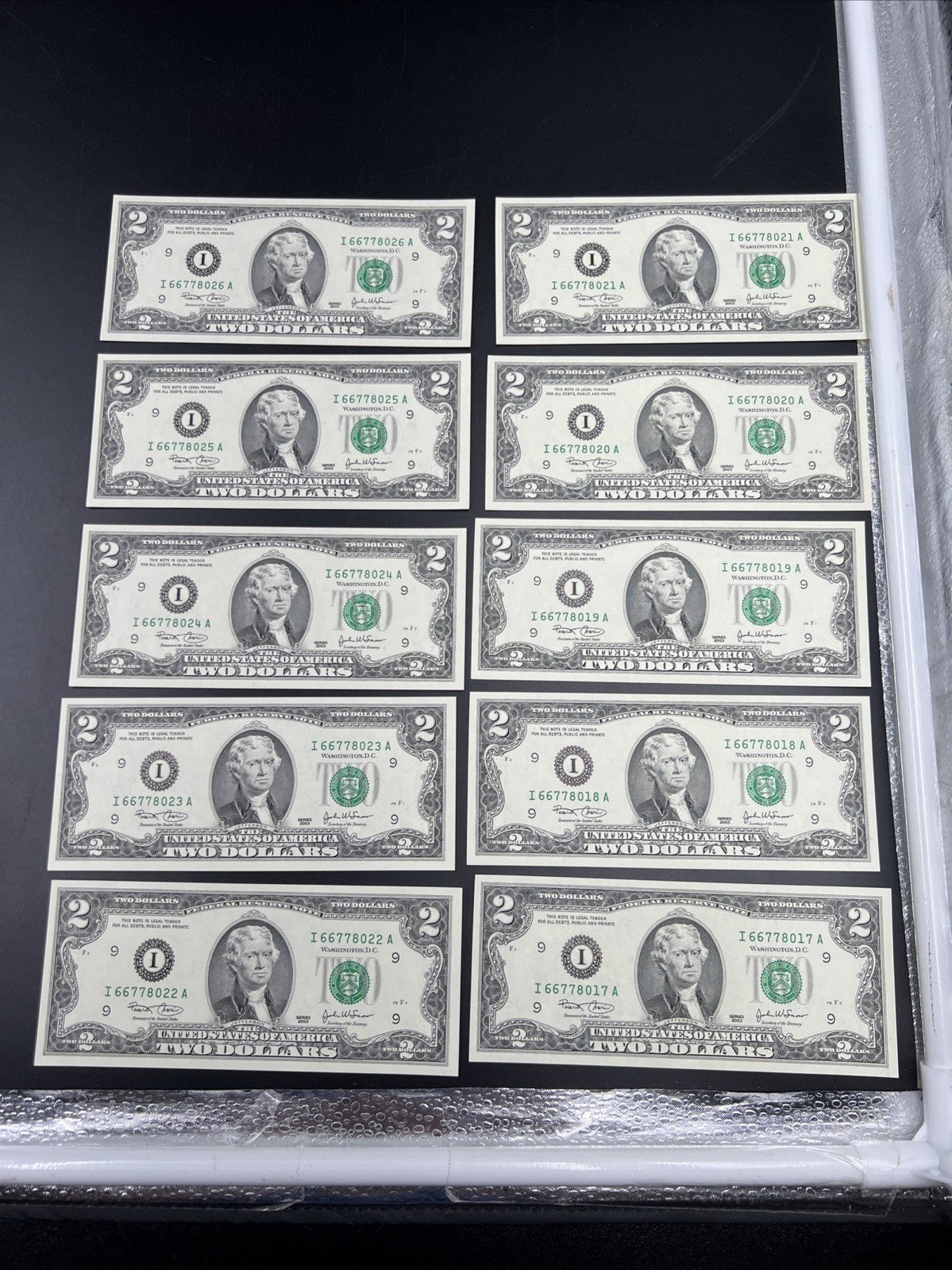 10 Consecutive 2003 Two Dollar FRN Federal Reserve Notes Repeaters CH UNC #17